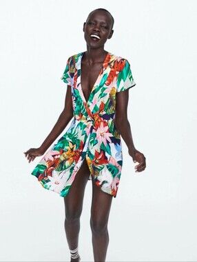 LIKE NEW Zara Womens Wrap Floral Dress Viscose Cap Sleeve Pockets Tropical Boho